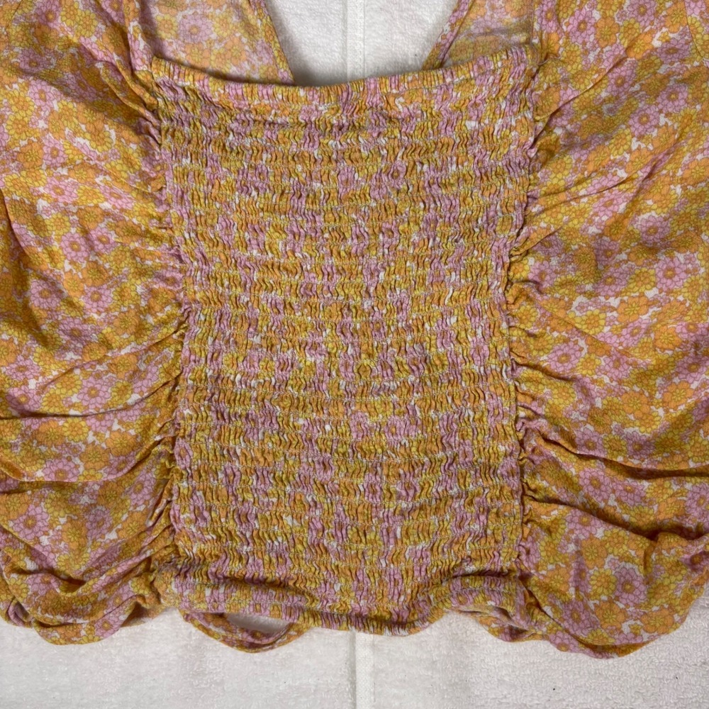 H&M Floral Ruched Crop Top Womens Medium Yellow Pink Cottagecore Boho Festival - Picture 12 of 14